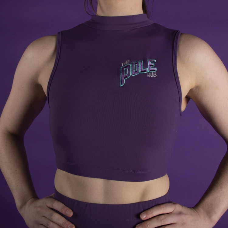 The Pole Hub High Neck Crop Top in black, purple and burgundy