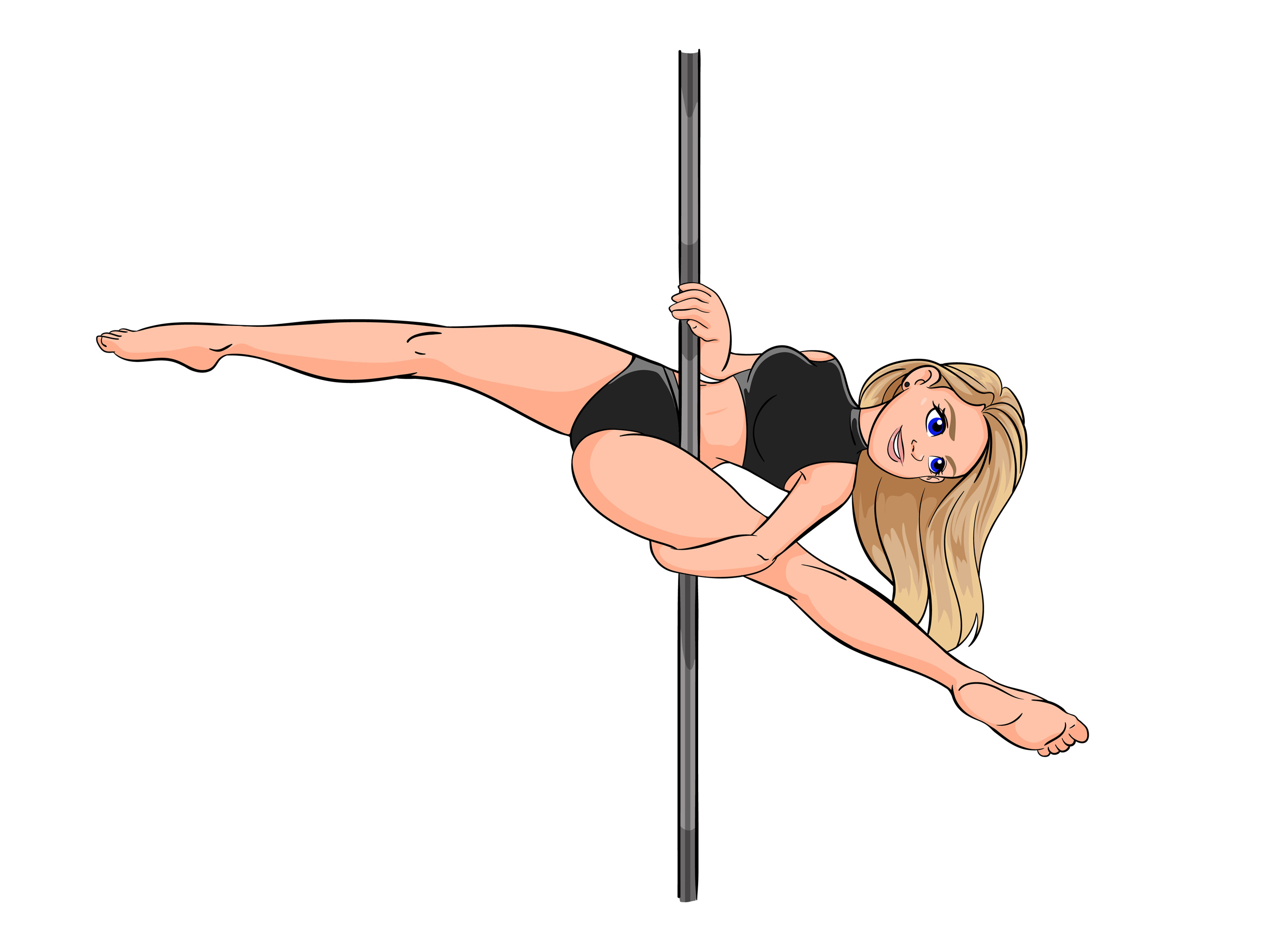 Cartoon drawing of The Pole Hub instructor Dee D holding a pose on a pole