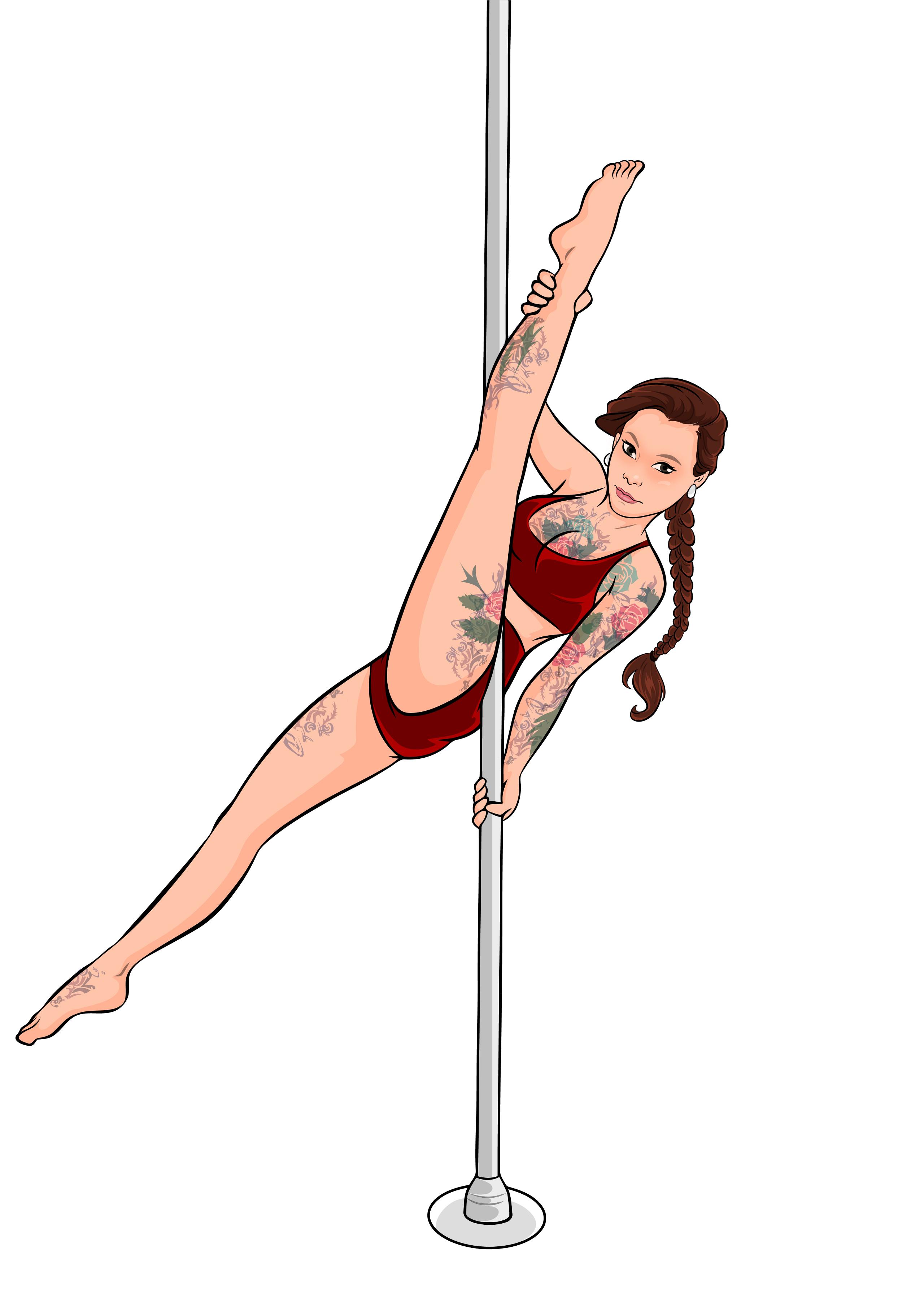 Cartoon drawing of The Pole Hub instructor Fran S holding a pose on a pole