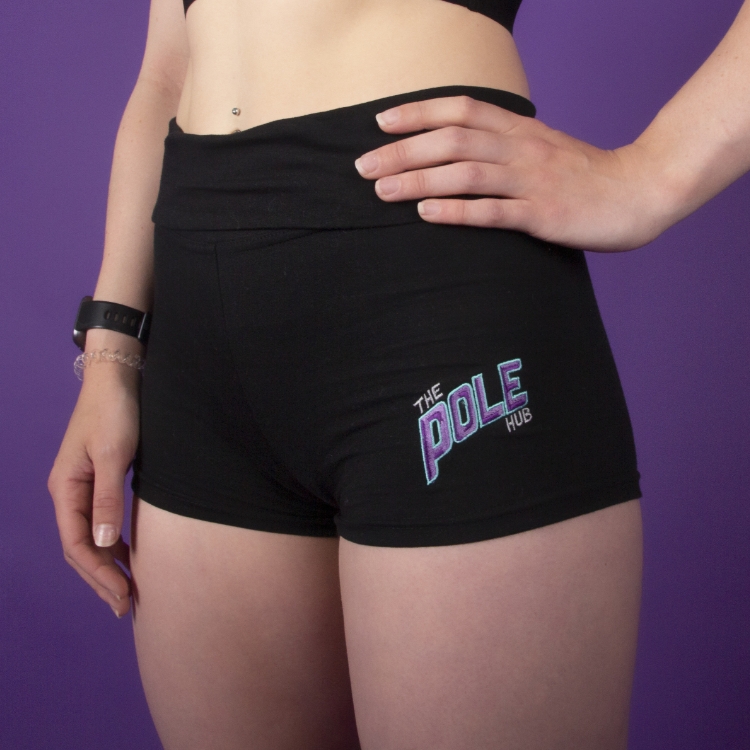 The Pole Hub High Waisted Rolltop Shorts in black, front view