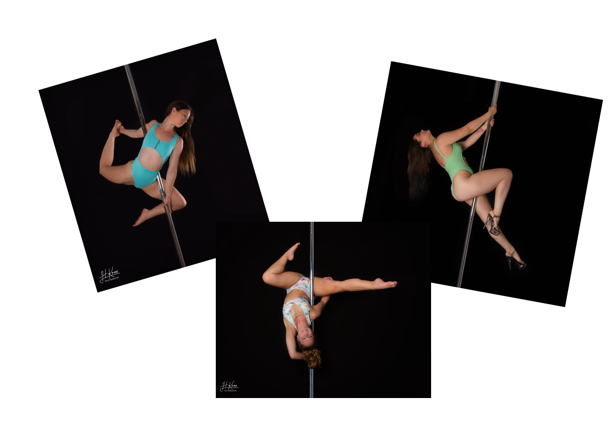 Three women holding three different pole fitness poses during classes at The Pole Hub in Battersea