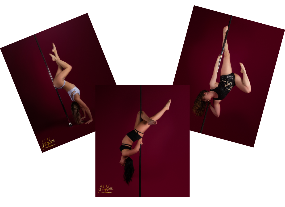 Three women holding three different pole fitness poses during classes at The Pole Hub in Putney