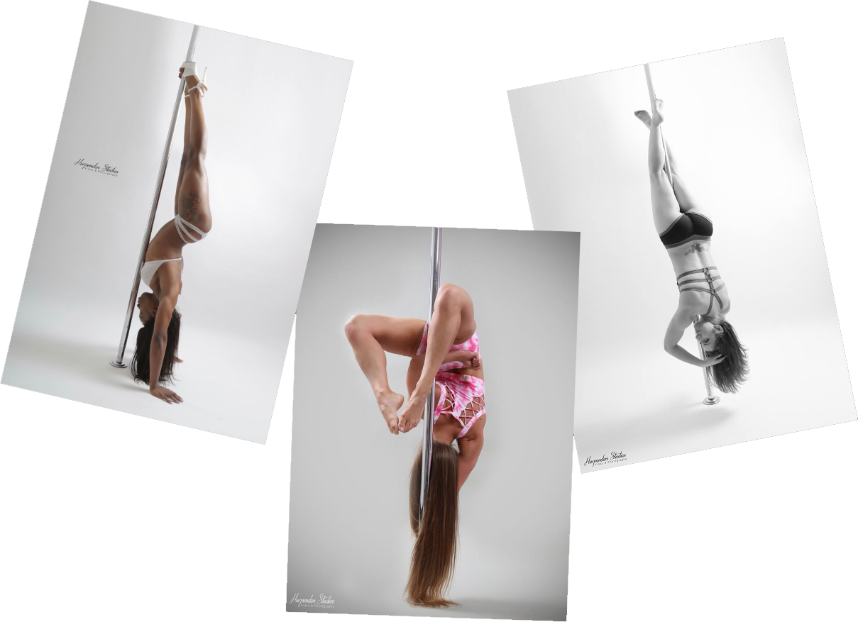 Three women holding three different pole fitness poses during classes at The Pole Hub in Staines
