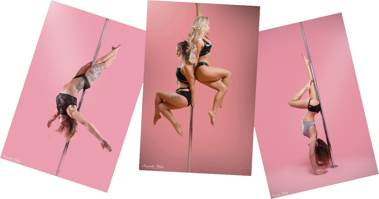 Four women holding three different pole fitness poses during classes at The Pole Hub in Twickenham